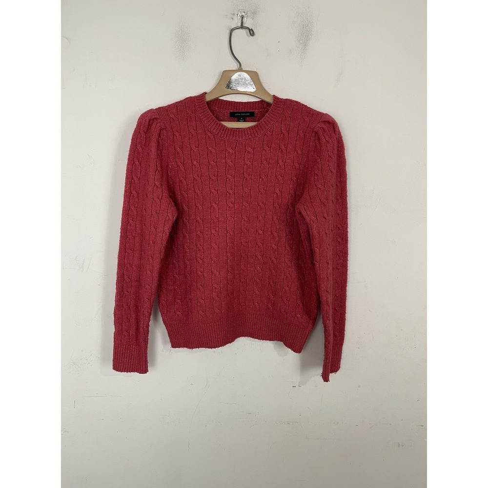 Ann Taylor Womens Sweater Medium Red Cable Knit Crew Neck Wool Cashmere Cozy
